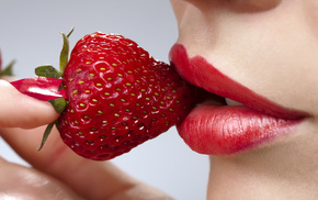 macro, girl, lips, strawberry