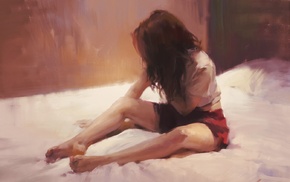 painting, girl, brunette, bed