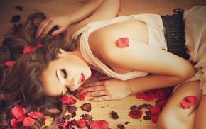rose, red lipstick, lying down, girl, brunette, white dress