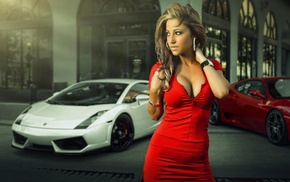 blonde, Lamborghini, red dress