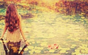 lake, girl, water lilies