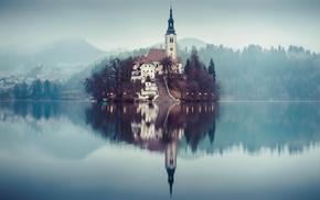 reflection, church, lake, mist