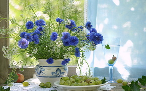 still life, window, vase, flowers, wineglass