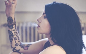 dark hair, girl, tattoo, smoking