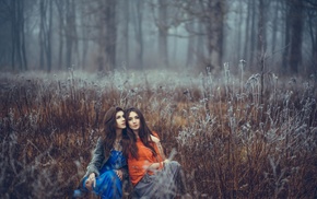 grass, brunette, forest, girl, trees