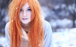 blue eyes, girl, orange hair, Marina Abrosimova, snow, blurred