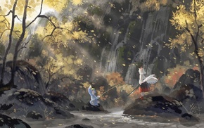 sunlight, Inubashiri Momiji, Kawashiro Nitori, waterfall, artwork, Touhou