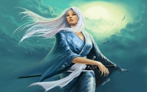 sword, kimono, sunlight, artwork, fantasy art