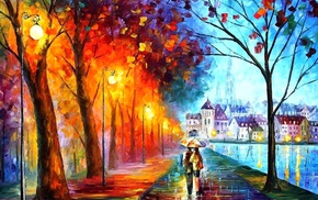 couple, street light, painting, umbrella, Leonid Afremov, fall