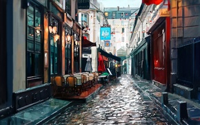 umbrella, chair, cobblestone, painting, lantern, street