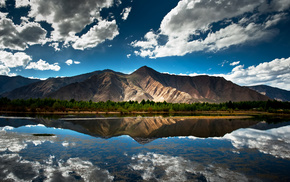 clouds, mountain, China, lake, reflection