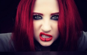 red lipstick, redhead, girl, lip ring, green eyes, Niky Von Macabre