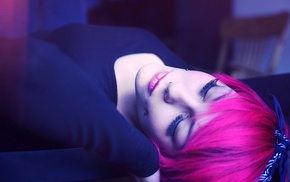 lying down, girl, black clothing, pink hair
