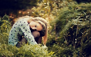blonde, forest, sad, holding knees, girl, alone