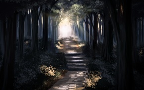 landscape, anime, trees, path, forest