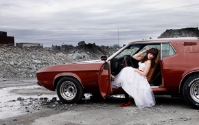 wedding dress, Ford Mustang, girl with cars