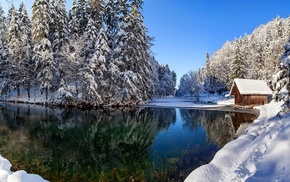 river, forest, snow, lodge, nature