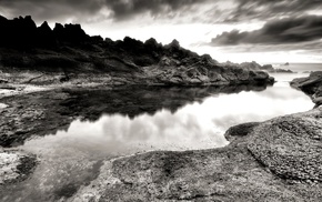 river, hill, monochrome, nature, rock, clouds