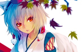 red eyes, wolf girls, Inubashiri Momiji, leaves, anime girls, Touhou