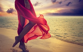 sea, red dress, soles, girl, nature, beach