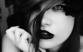 girl, black lipstick, monochrome, hair in face