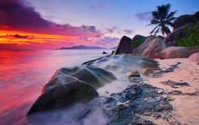 ocean, beach, stones, nature, sunset