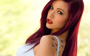 blue eyes, Elizabeth Marxs, redhead, purple hair, white tops, tattoo