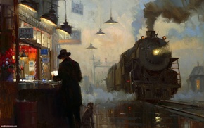 painting, train station, oil painting