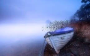 mist, boat, water, nature