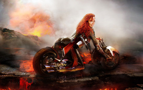 bike, fire, fantasy, flame, girl