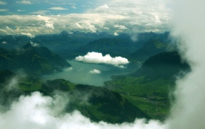 clouds, lake, mountain, nature