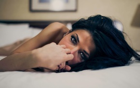 depth of field, girl, in bed, brunette