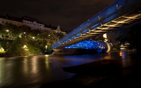 cities, night, lighting, bridge, river