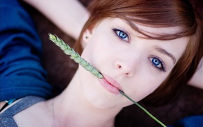 girl, blue eyes, spikelets, Rye, face, redhead