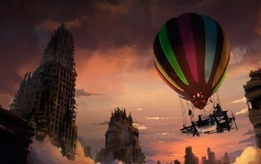 apocalyptic, artwork, fantasy art, hot air balloons, city
