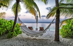 sand, palm trees, sea, nature, sky