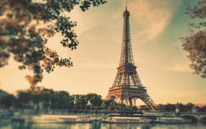 bridge, cities, Paris, river, sunset