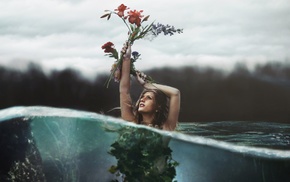 flowers, water, split view, girl, underwater, boobs