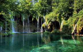 greenery, waterfall, nature, trees, lake
