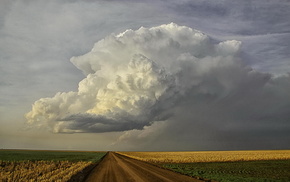 nature, road, clouds, sky, field