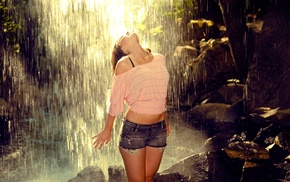 shorts, girl, waterfall, brunette