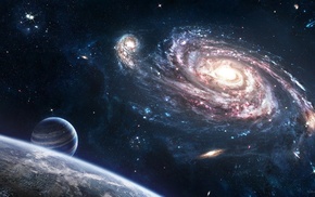 stars, spiral galaxy, galaxy, planet, space art