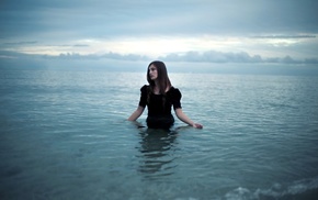 girl, black dress, sea