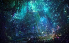 sun rays, fantasy art, forest, landscape