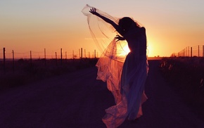gowns, sunset, girl, silhouette