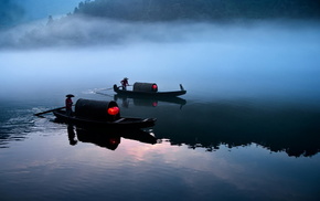 boats, stunner, river, mist, China