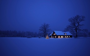 winter, house, lights, snow