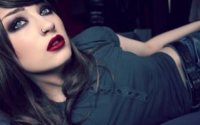 red lipstick, Niky Von Macabre, blue eyes, brunette