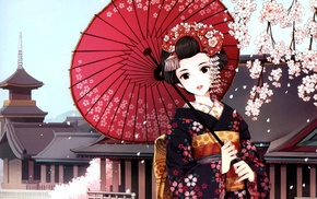 kimono, umbrella, anime, traditional clothing, cherry blossom, anime girls