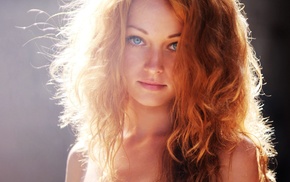 blue eyes, girl, wavy hair, redhead, sunlight